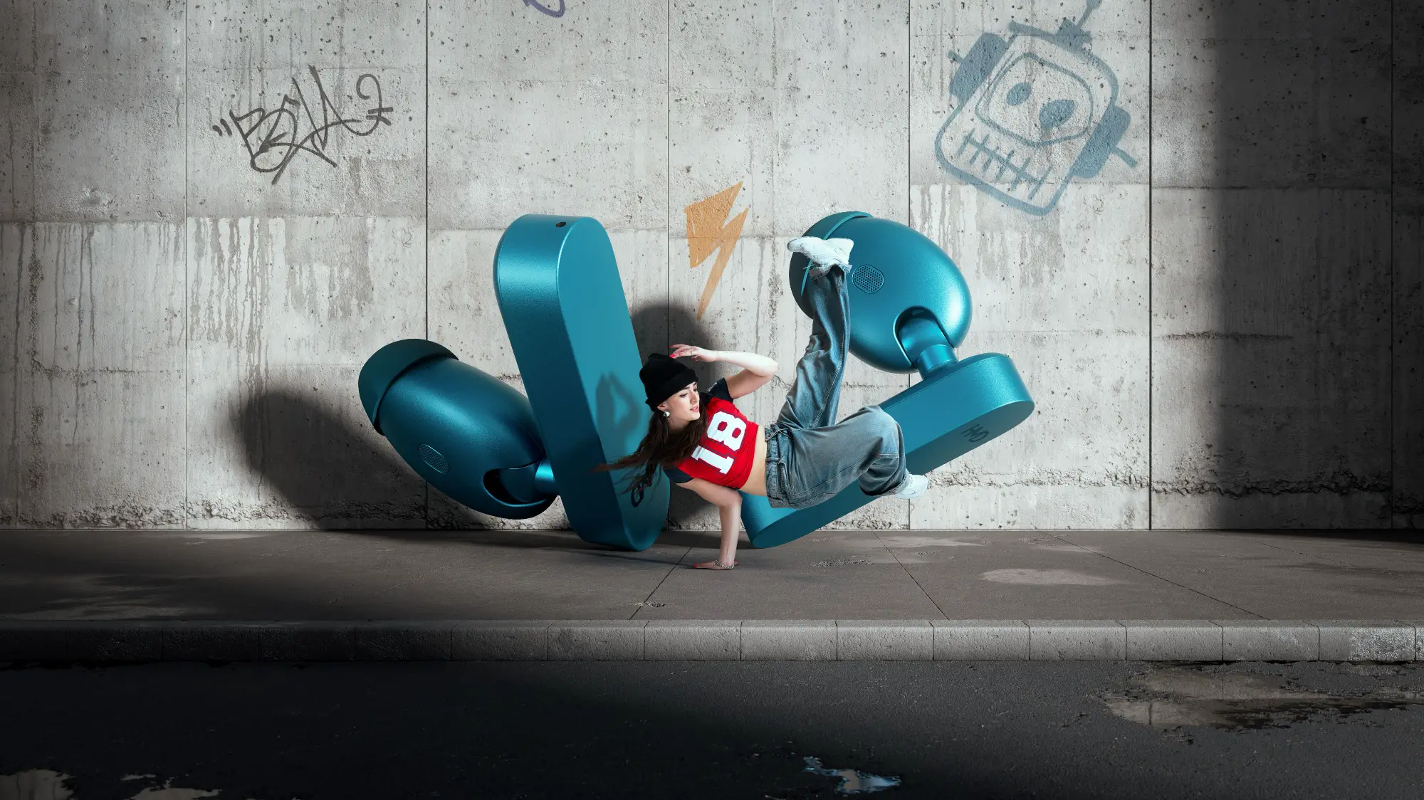 A stylised image of a woman breakdancing in front of life sized earbuds