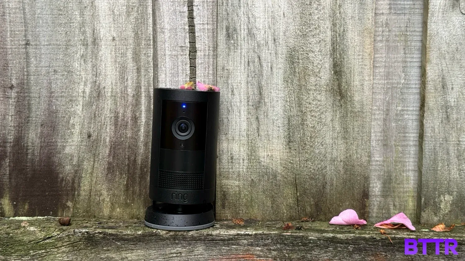 The Ring camera on a fence