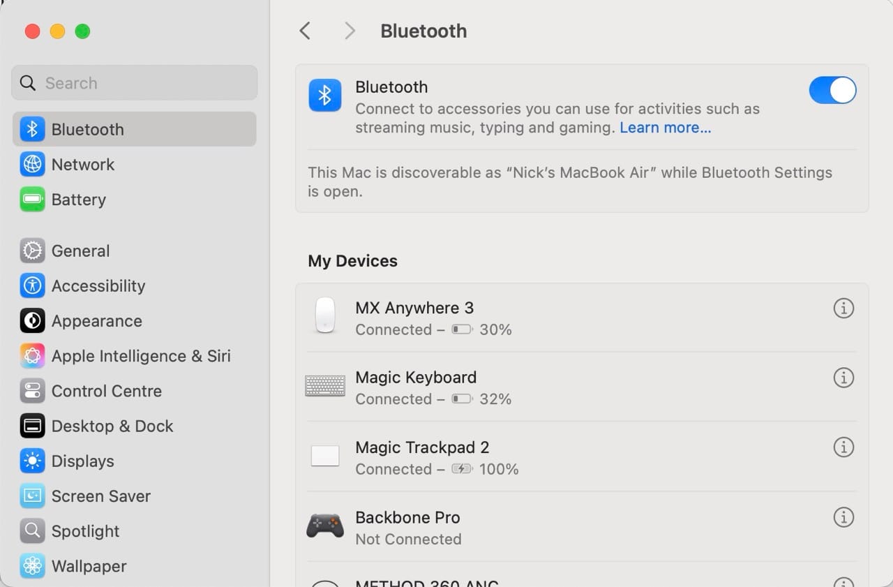 Screenshot of the Bluetooth settings menu in MacOS