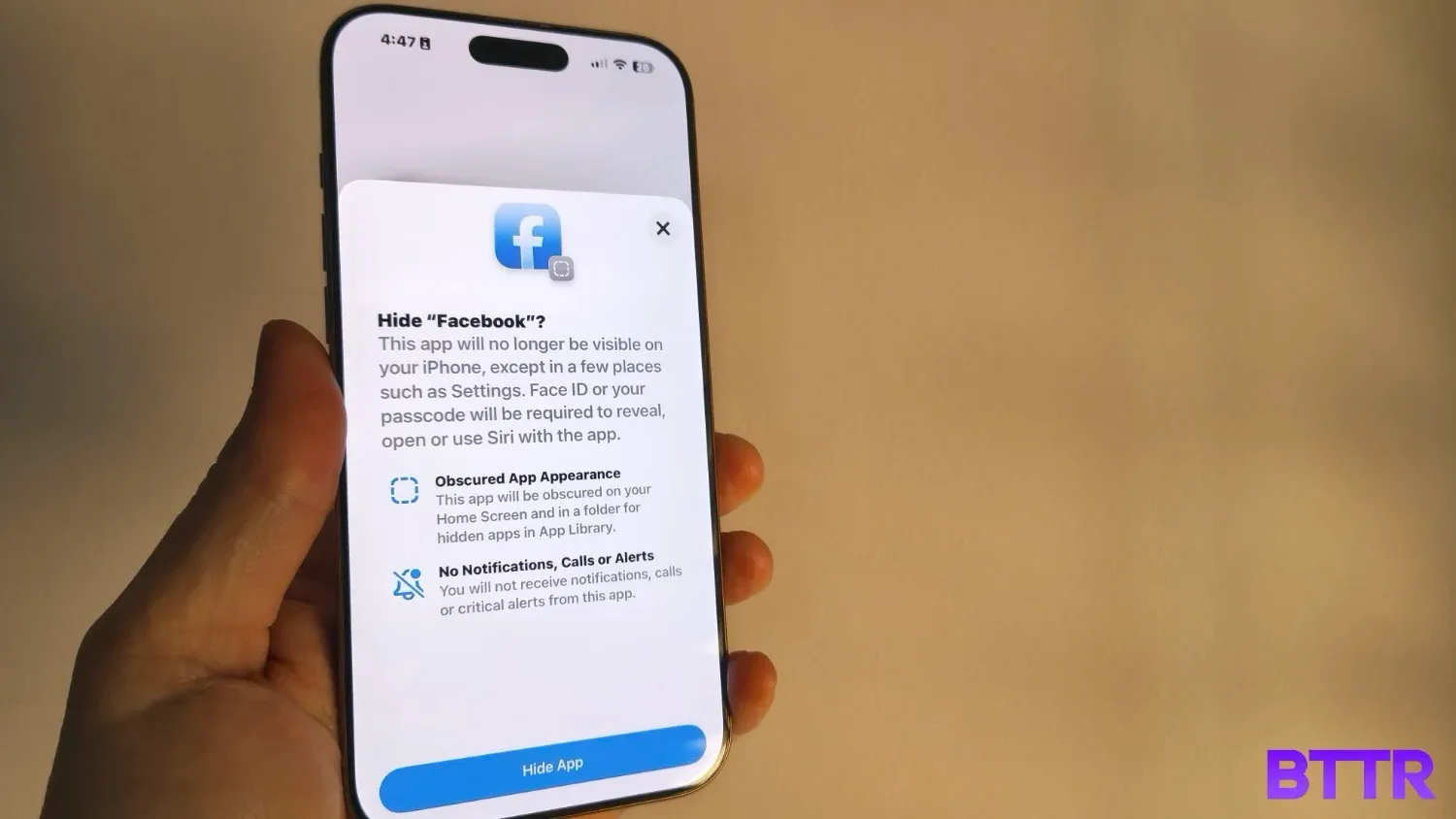The message when you go to hide an app - in this case Facebook