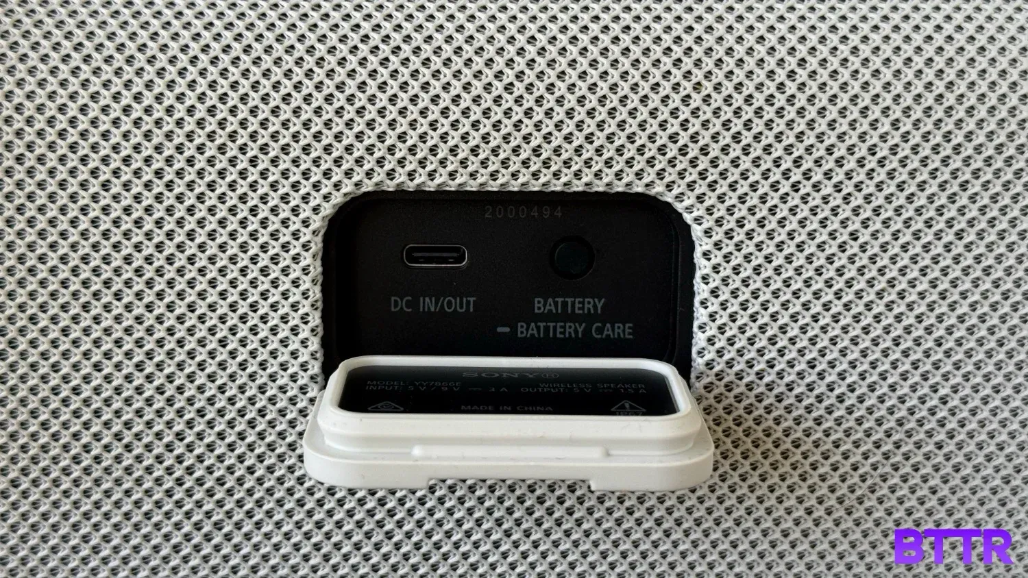 The charging port at the back of the Sony ULT Field 3 portable Bluetooth speaker