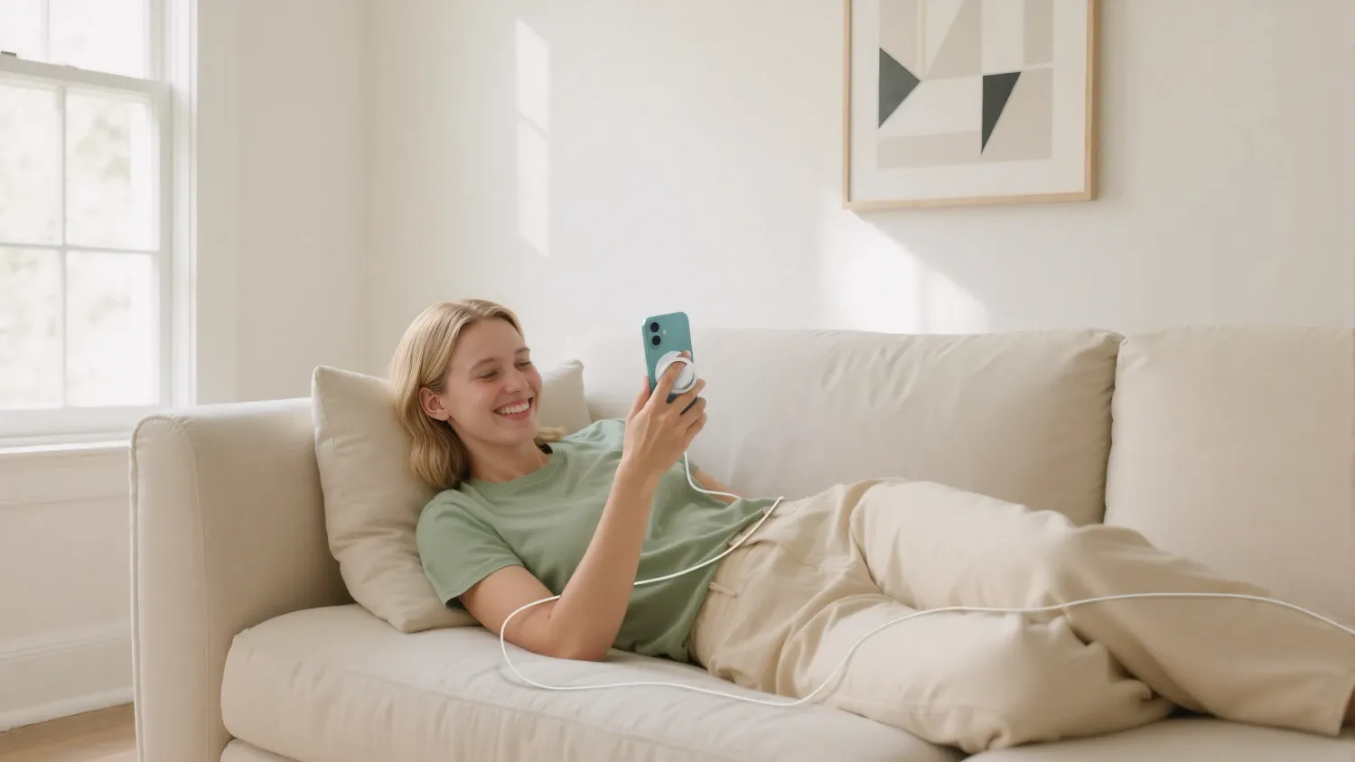 A woman on her couch looking aher phone with the new belkin charger attached