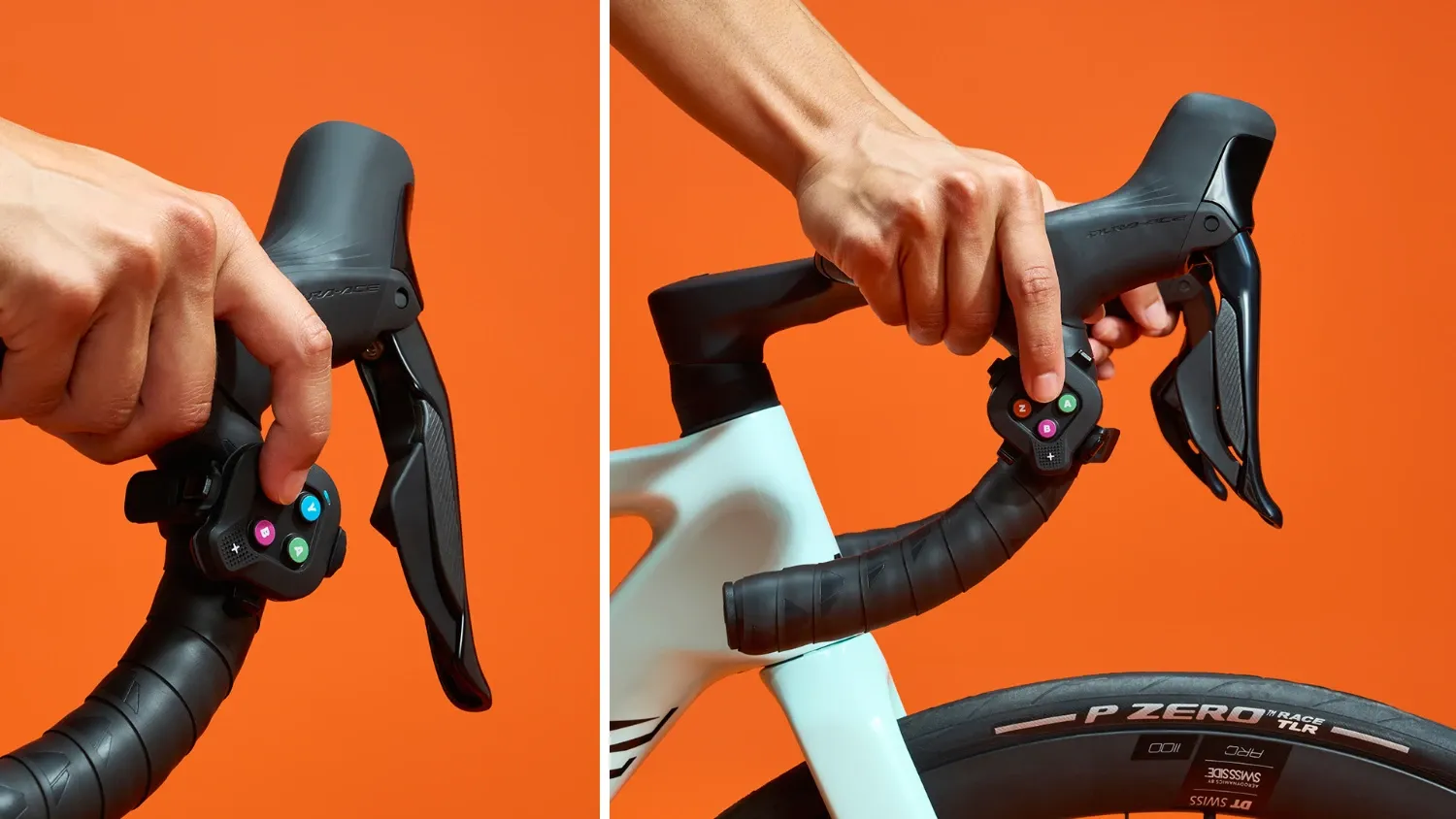The Zwift Click buttons on a bike