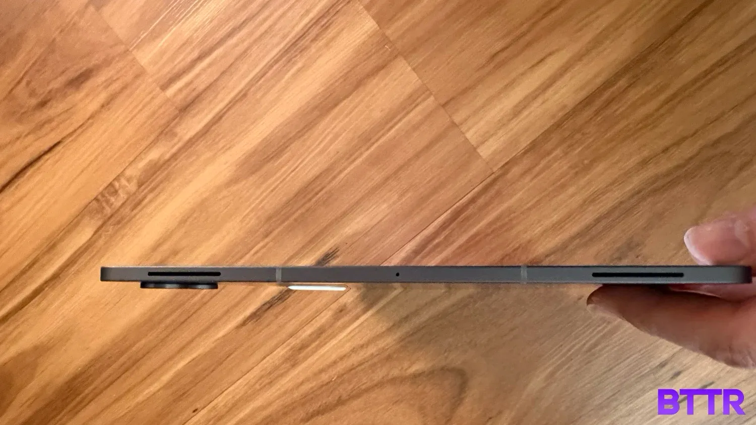 A side-on view showing how thin the tablet is.