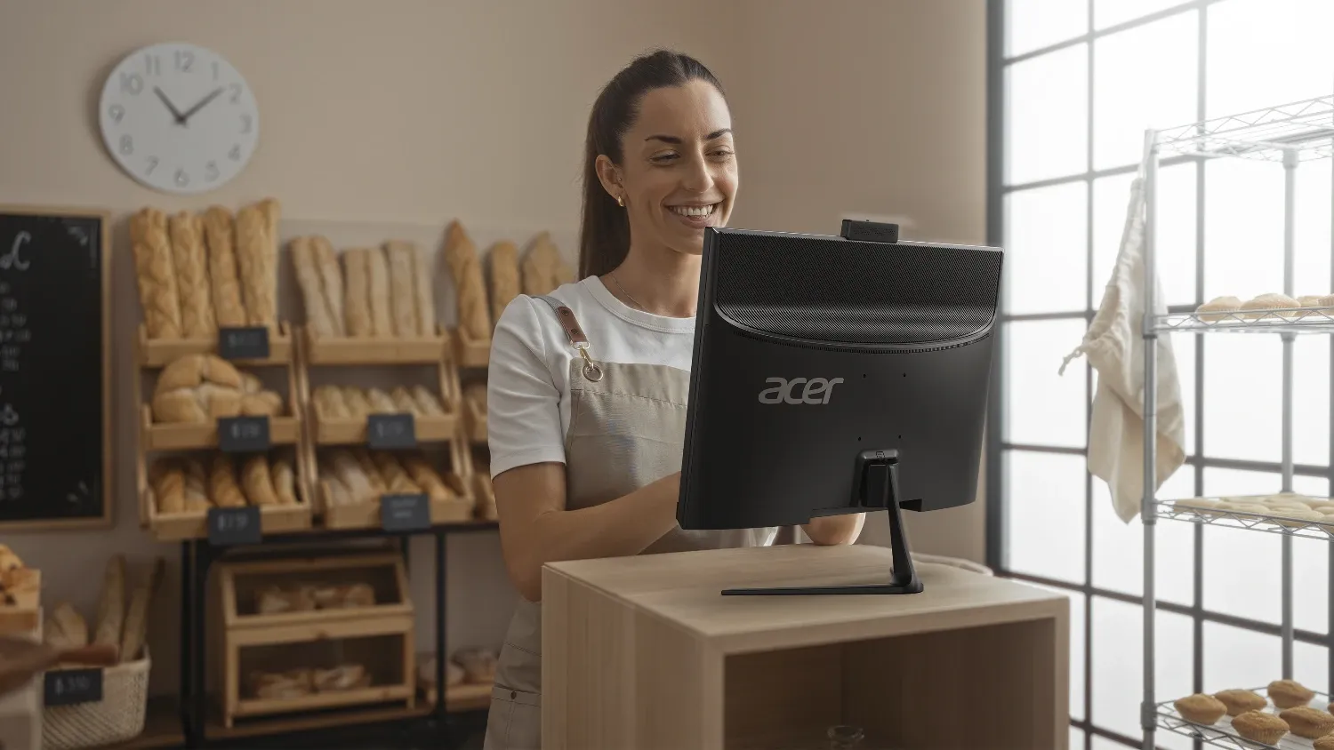 A woman in a bakery with the Acer Veriton all in one