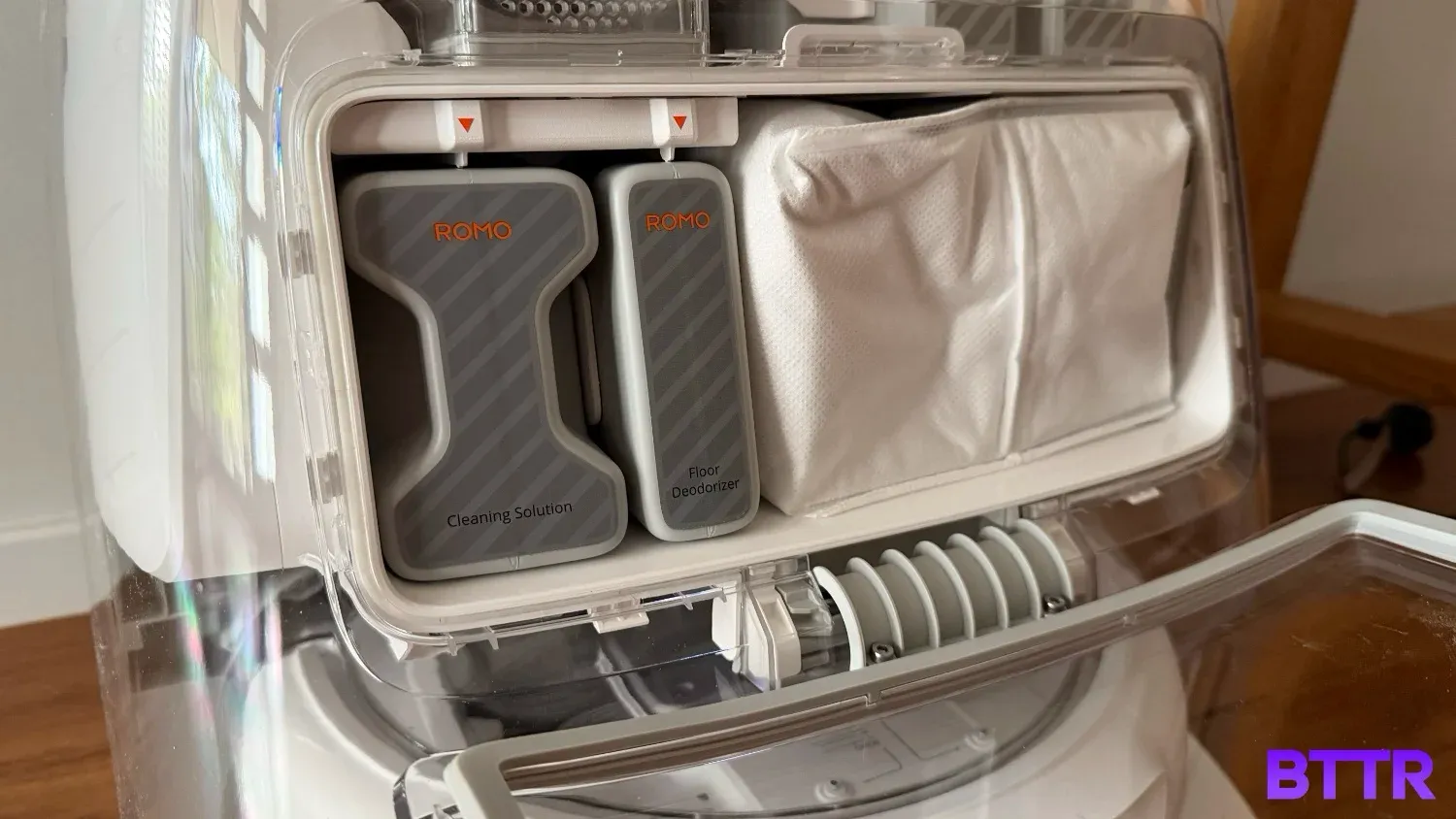 The bag and cleaning solution area for the DJI ROMO P