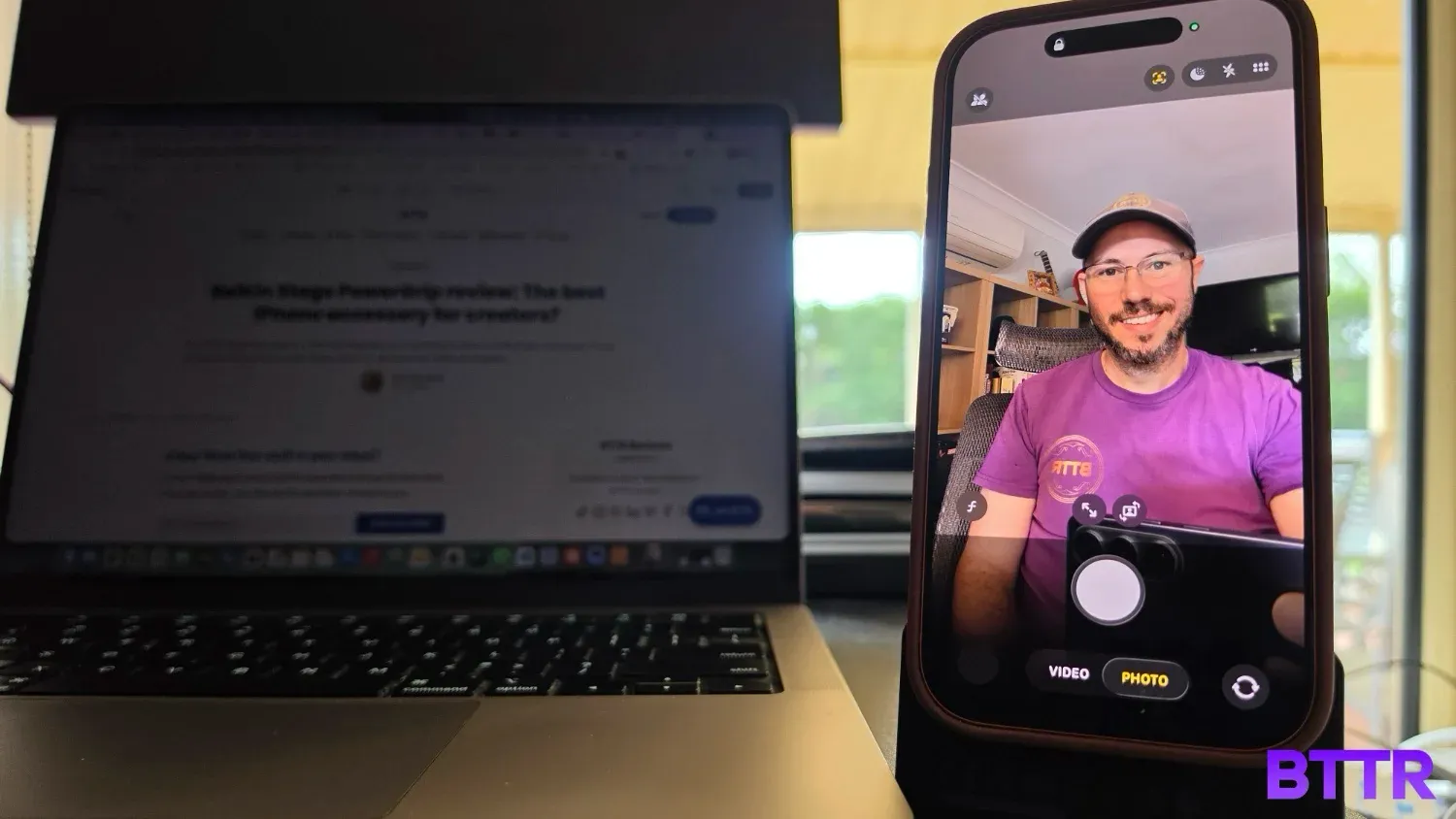 Using the Belkin Stage PowerGrip as a selfie stand in my work setup