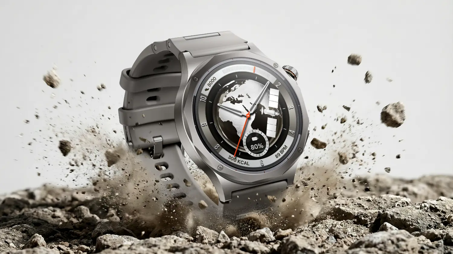 The OPPO Watch X3 surrounded by exploding rock