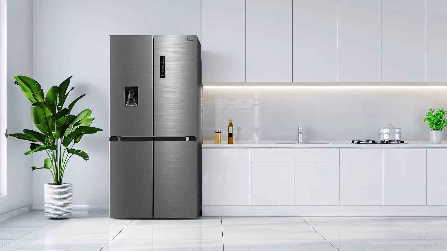 a midea fridge with integrated water dispenser