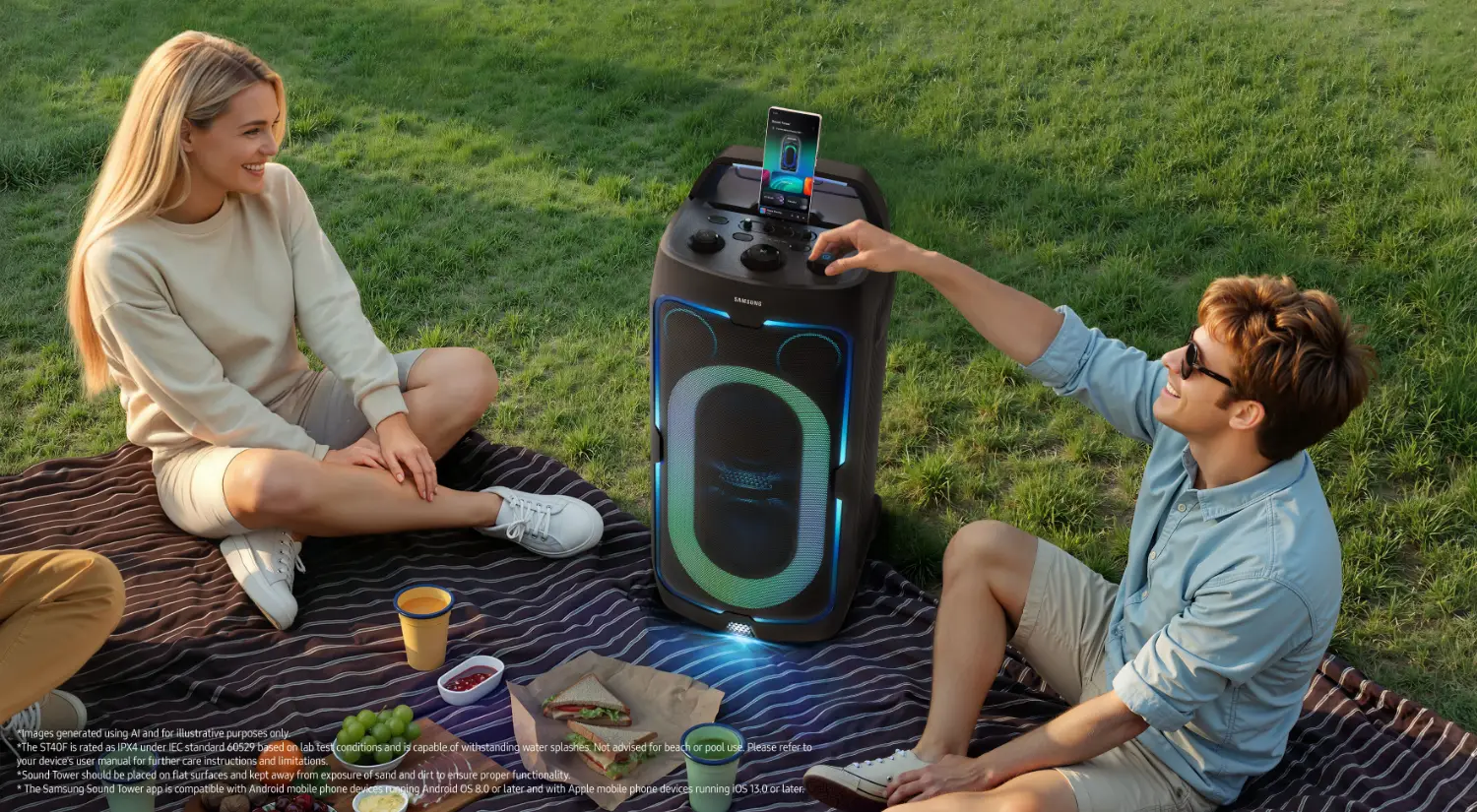 A supplied image of the MX-ST40 sound tower from samsung, with a couple using it at a picnic