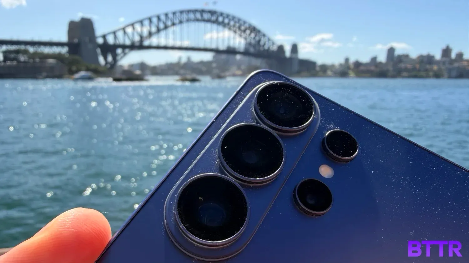 Close up of the S26 Ultra's cameras in front of the Sydney Harbour Bridge
