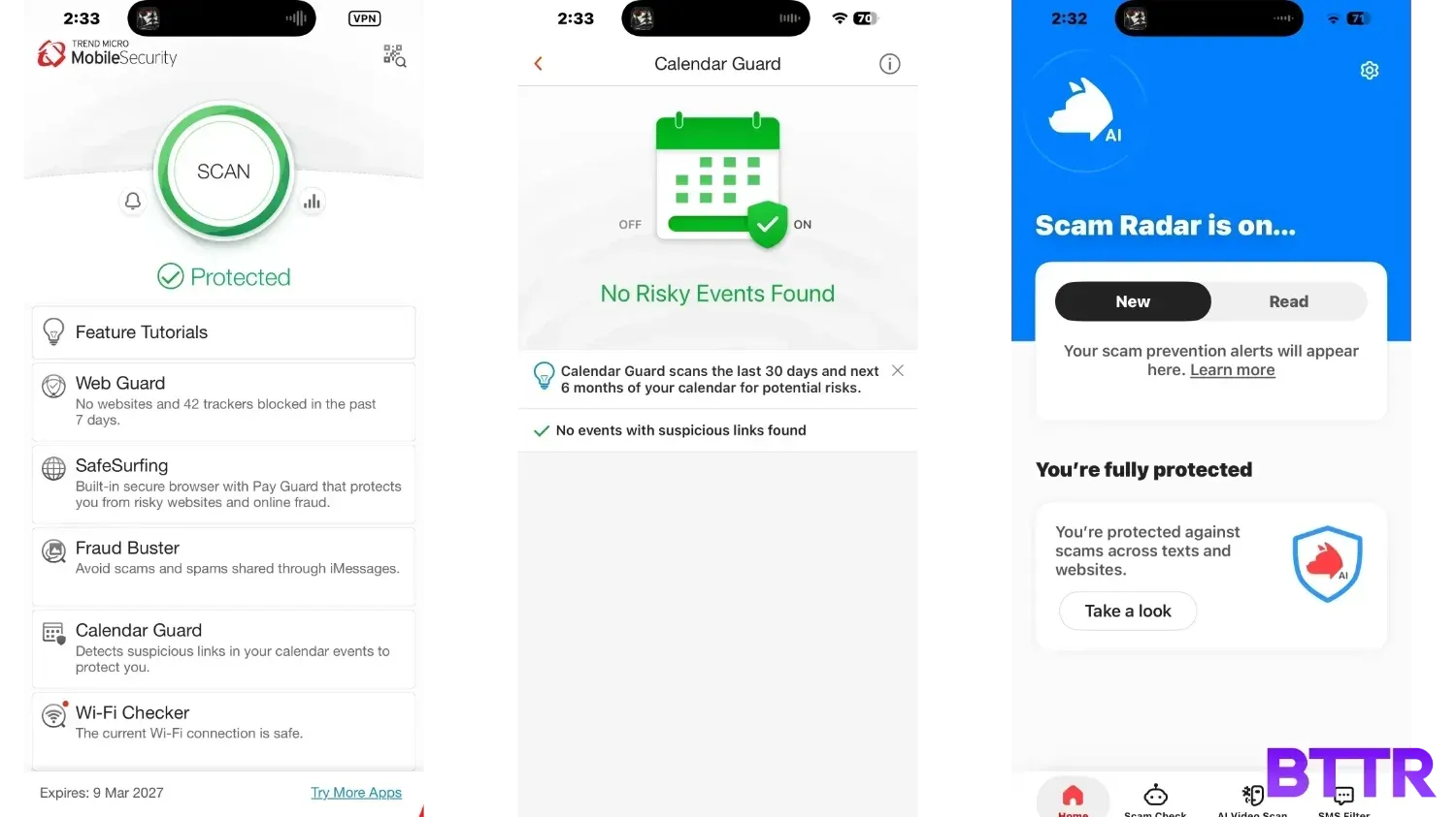 Three screenshots from the two different security apps on iOS included in the sub.