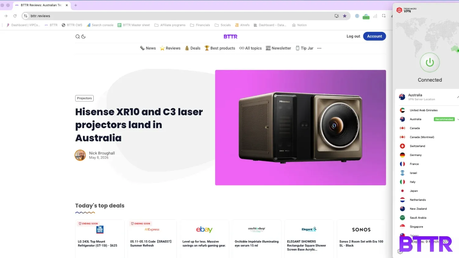 The Trend Micro VPN bar on the right of the screen while reading BTTR.reviews