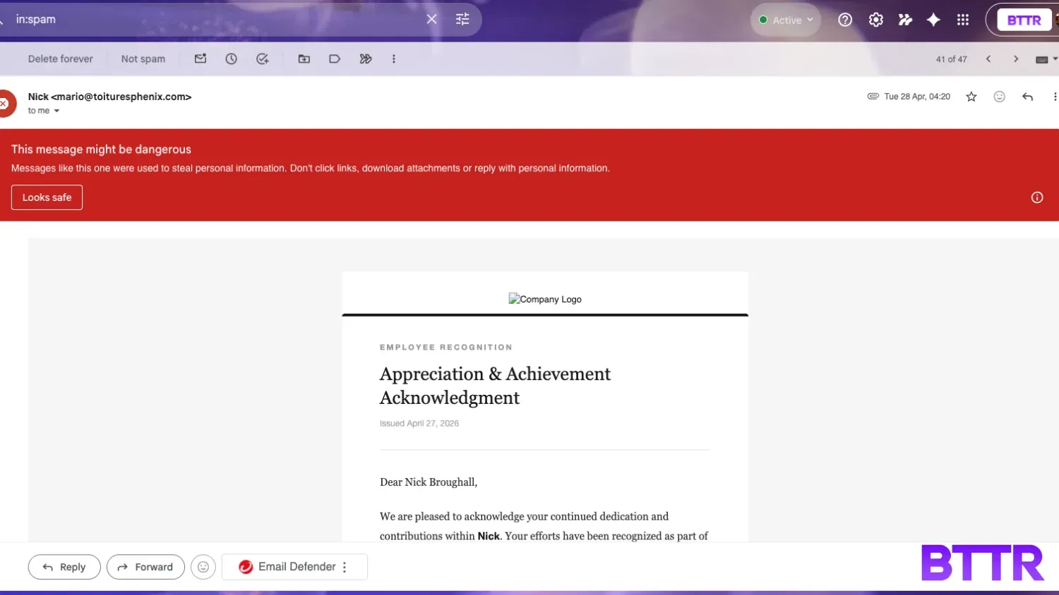 A warning appears in Gmail on the web when using the Chrome extension