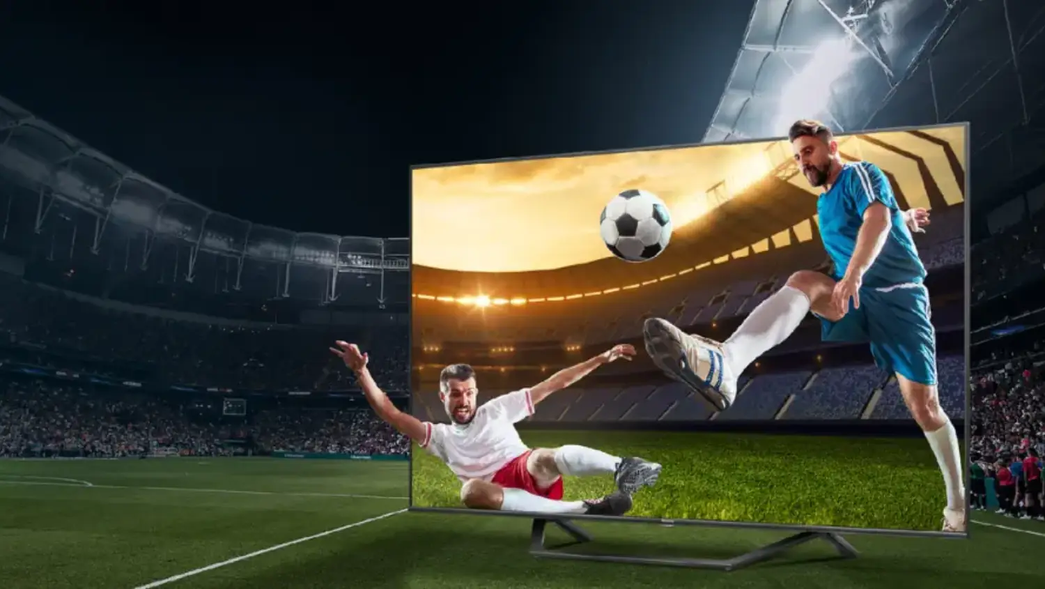 A stylised image of two men coming out of a hisense TV playing football
