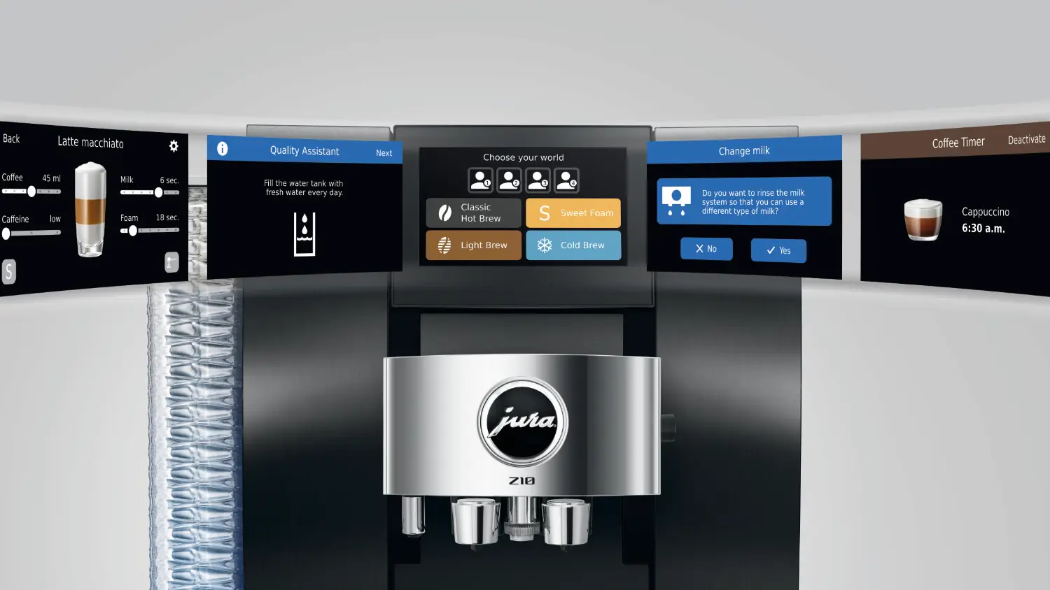 A stylish close up of the coffee machine with an overlay of the different screens