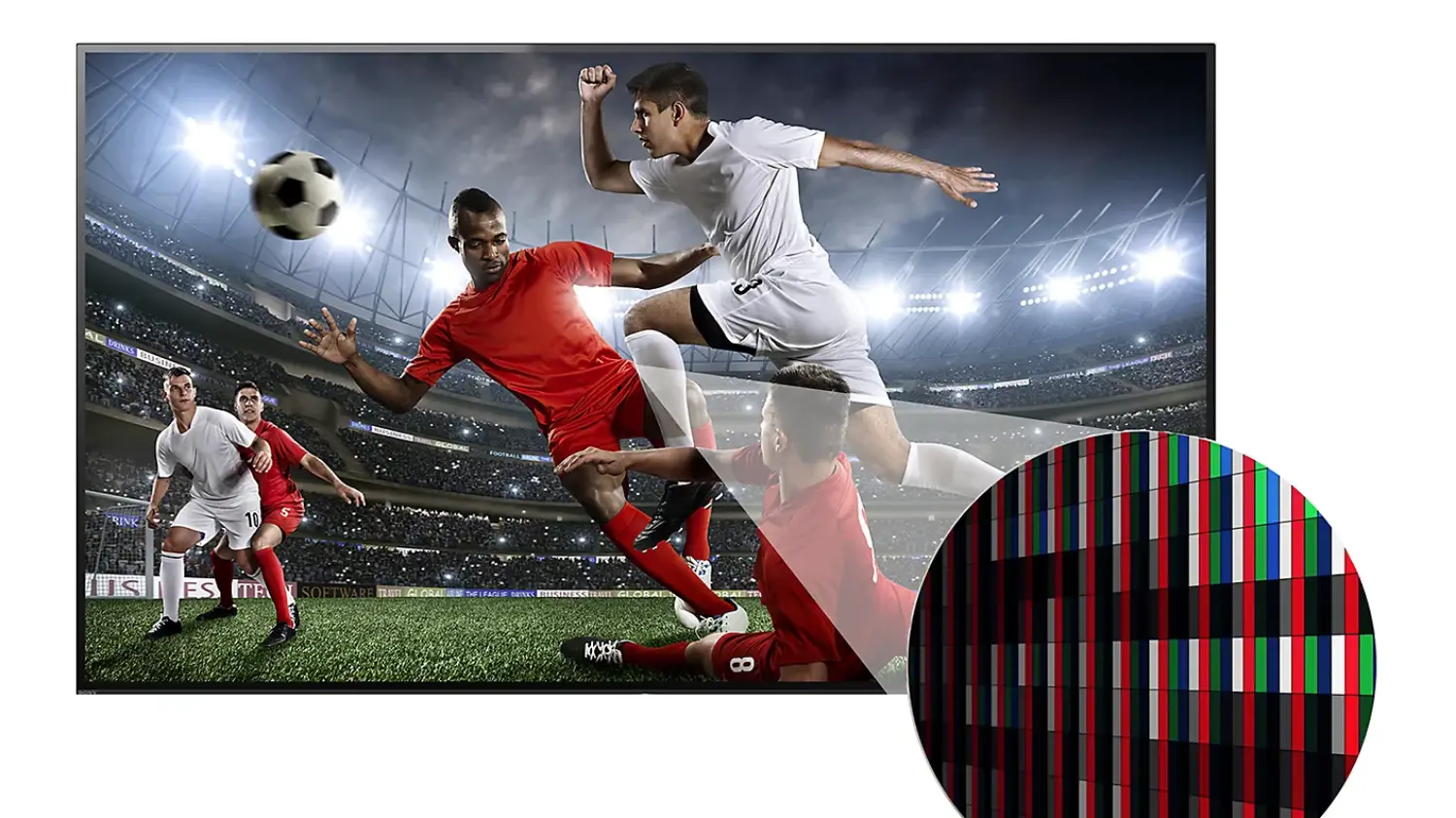 A view of people playing soccer on a Sony TV, with a zoomed in view of the pixels