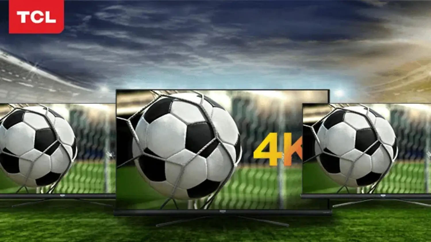 A series of TCL Tvs with soccer balls on them on a stylised vision of a football pitch