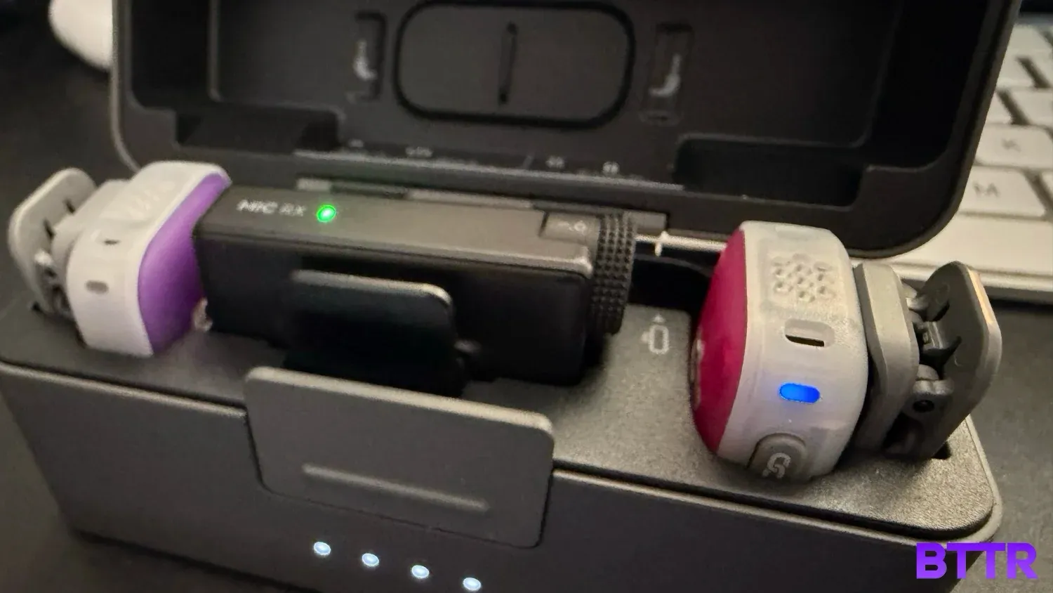 Close up of the mic mini 2 in the charging case