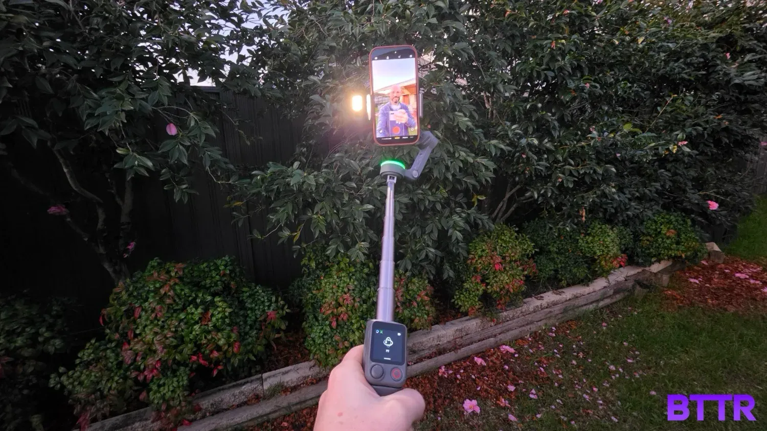 Using the gimbal to video a selfie with bushes in the background