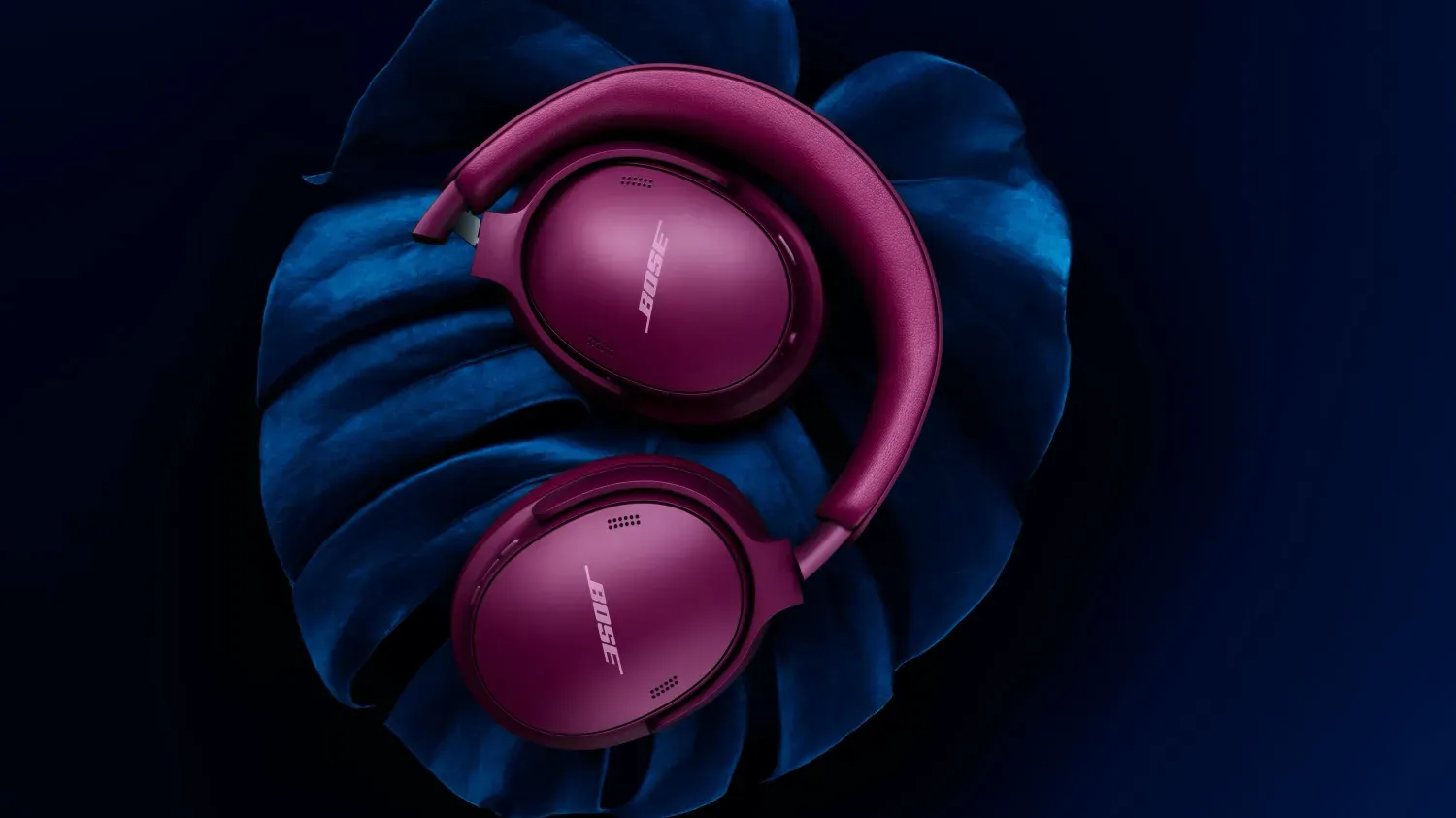 The stunning mauve colour of the new Bose QuietComfort 2nd gen on a blue leaf