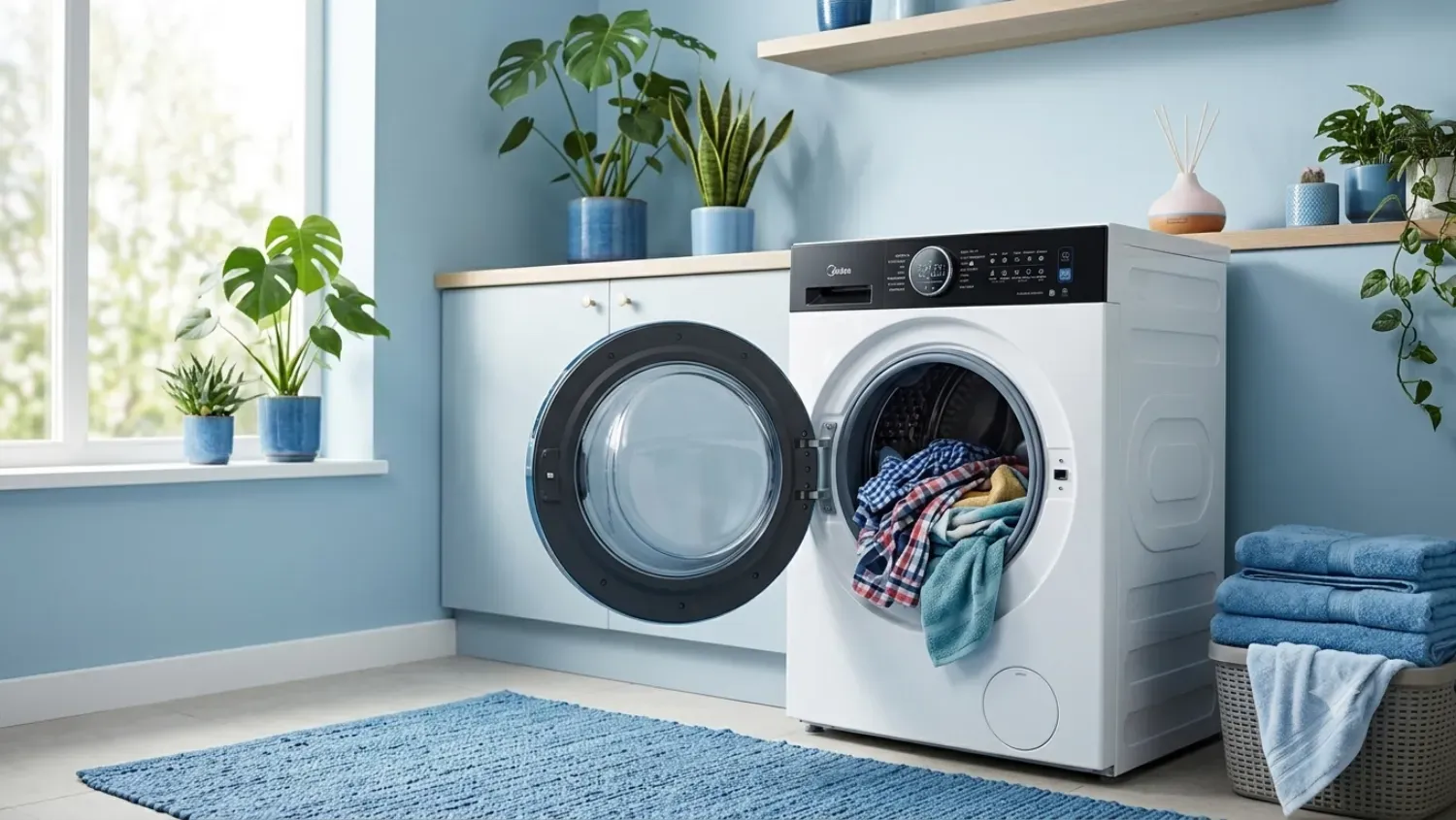 The Midea 210 washer in a laundry with clothes hanging out the open door