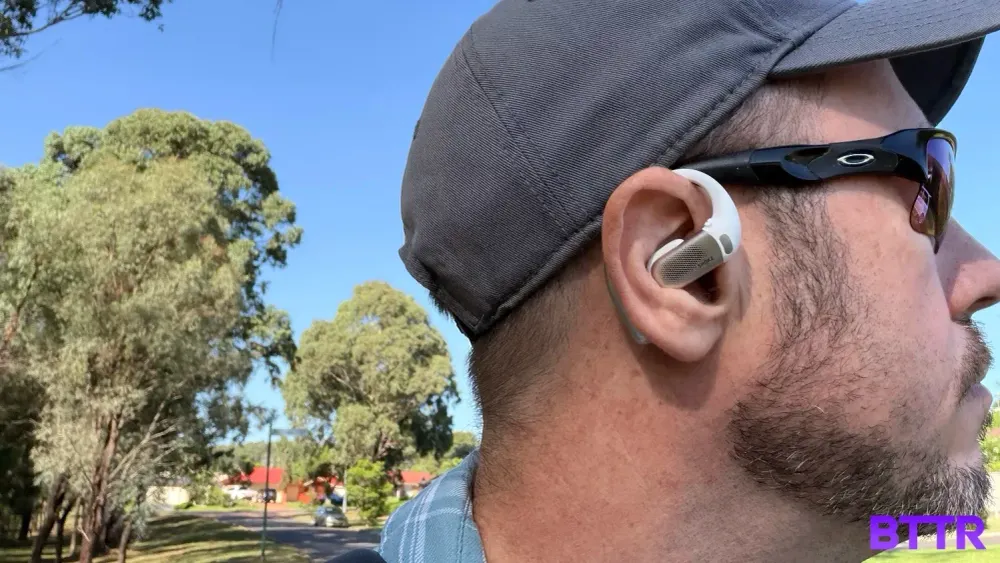 A side view of me Wearing the OpenFit Pro