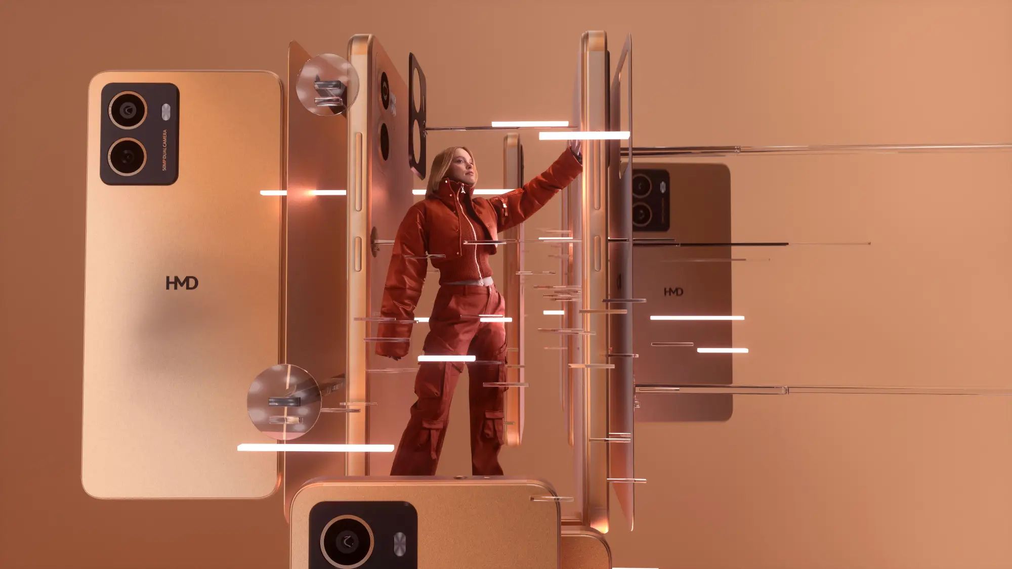 Stylised image of a woman surrounded by the HMD Pulse phone