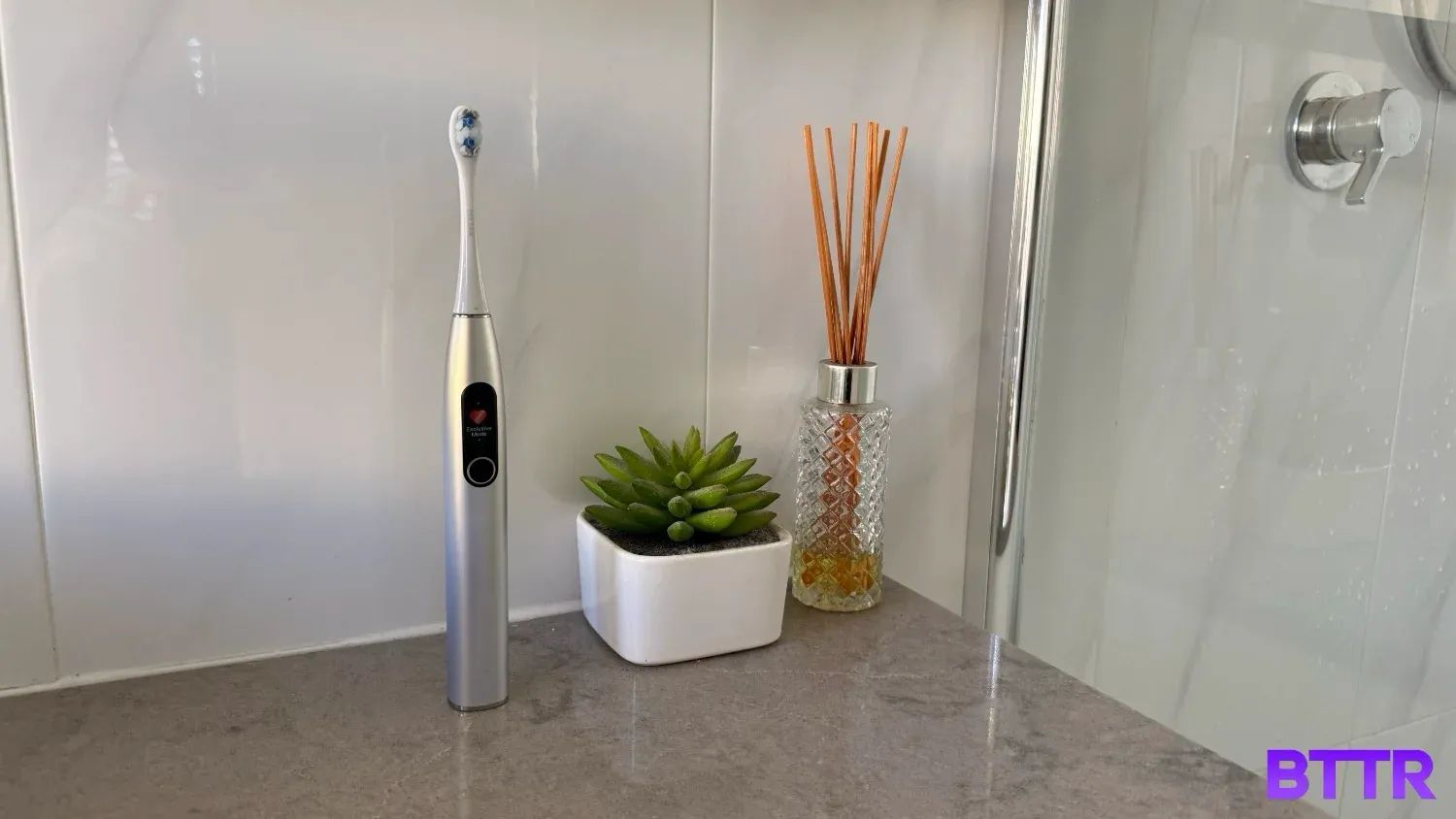 The Oclean X Pro Digital on my bathroom counter