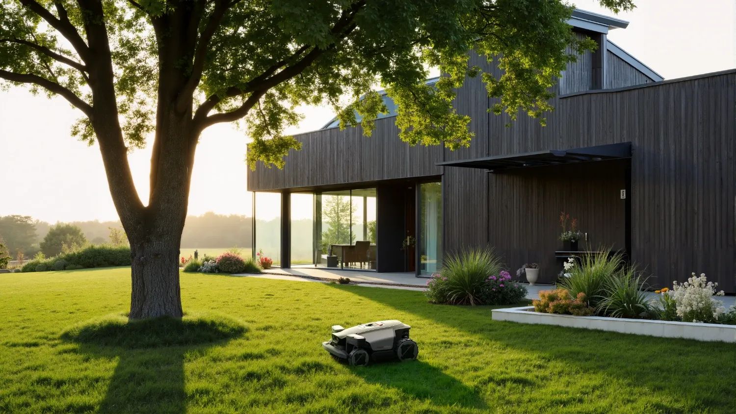 the rockmow z1 cutting overgrown grass in front of a gorgeous house