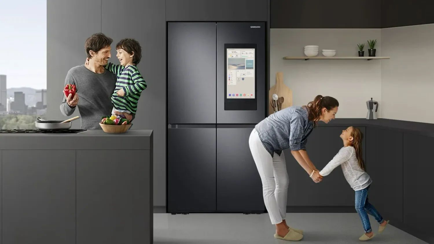 A family in a kitchen with a Samsung FamilyHub fridge (but no ads in this pic)