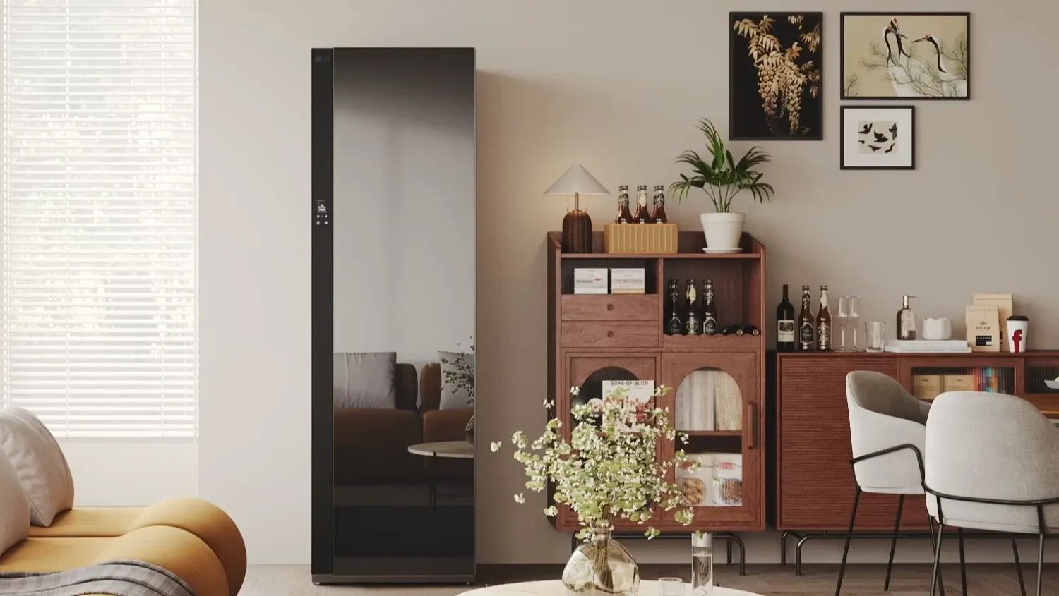The LG 5 Garment TrueSteam Styler in mirror black in a living space