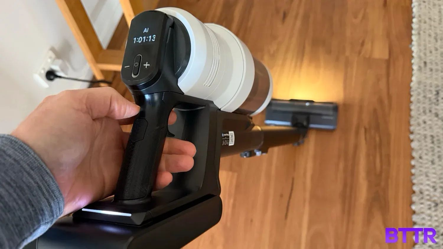 Vacuuming with the Samsung Bespoke AI Jet Ultra stick vacuum