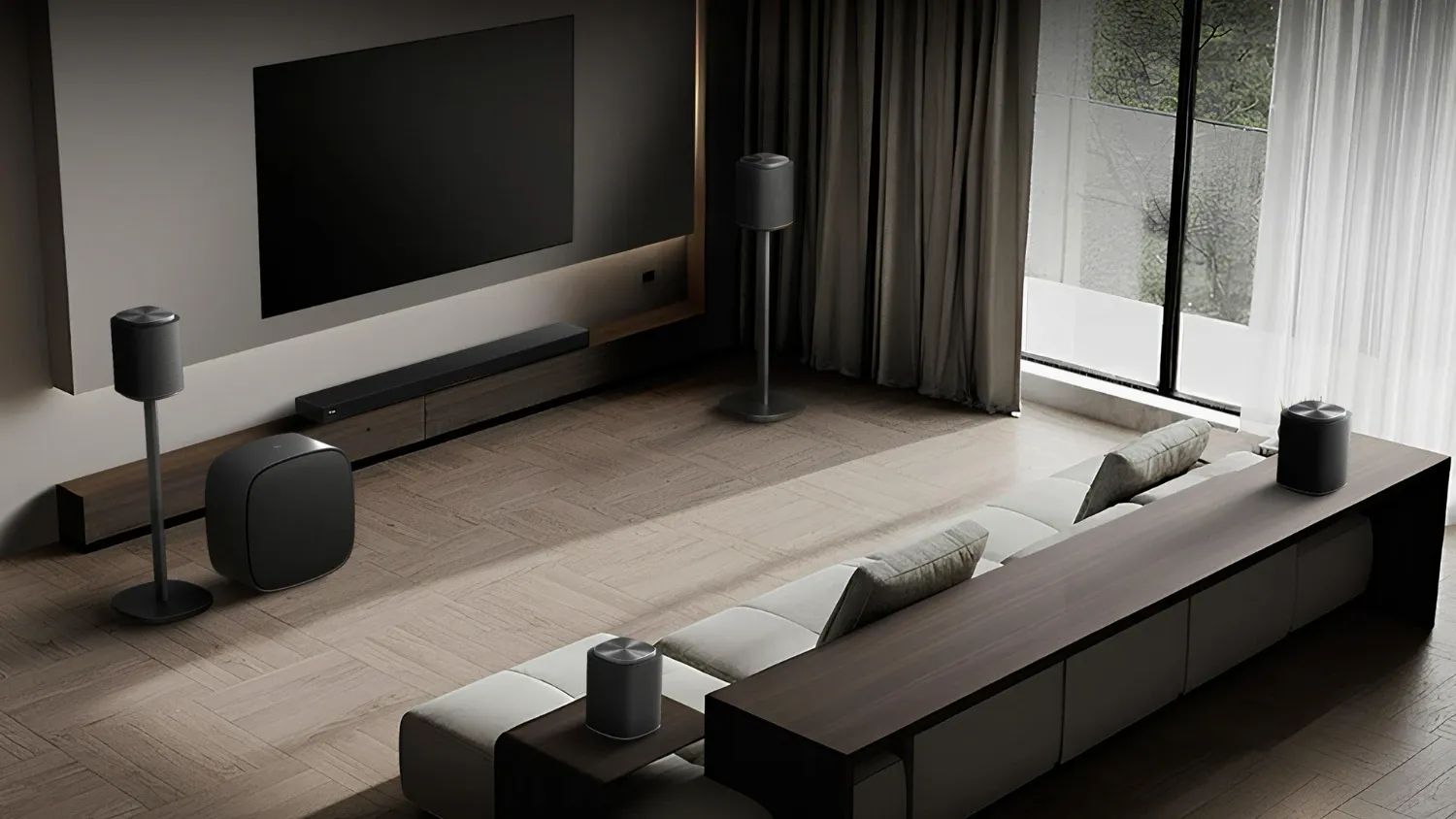 The LG Sound Suite setup in a loungeroom.
