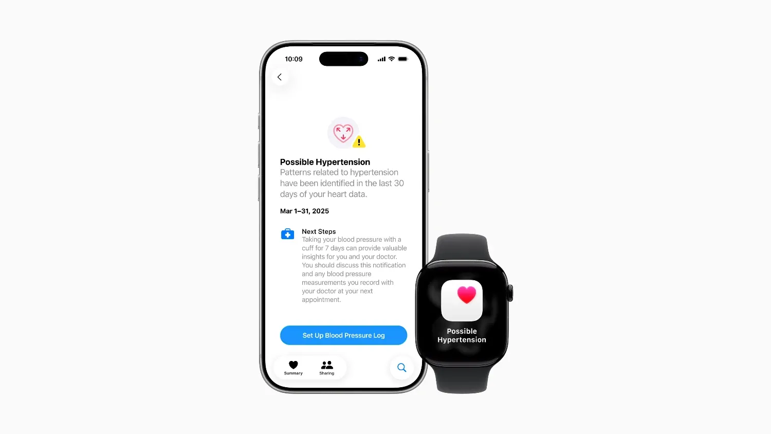An image of an iPhone displaying a hypertension alert with an Apple Watch next to it.