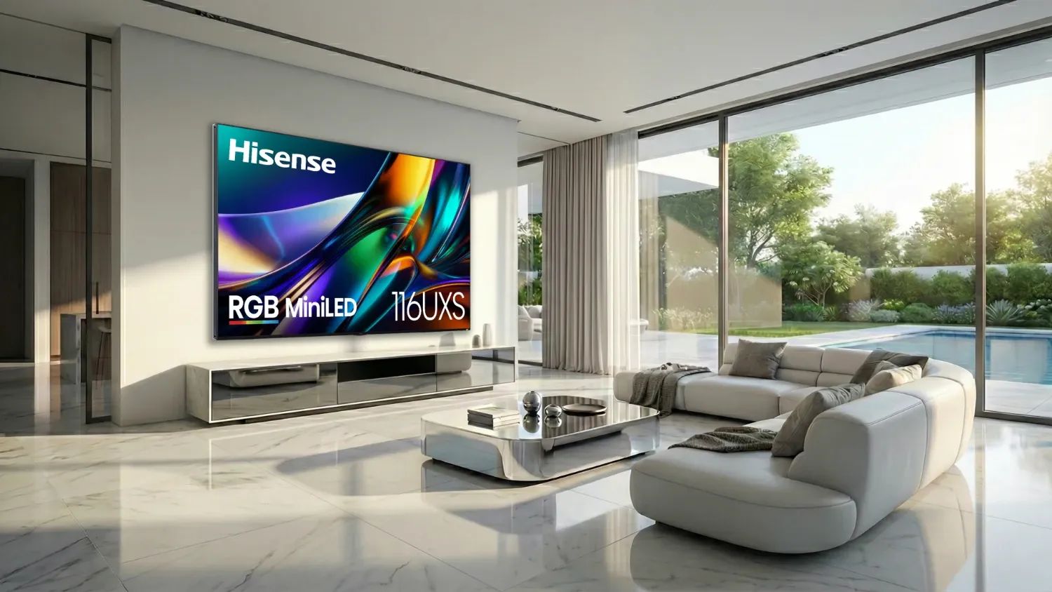 The new hisense RGB MiniLED 116UXS TV in a beige room
