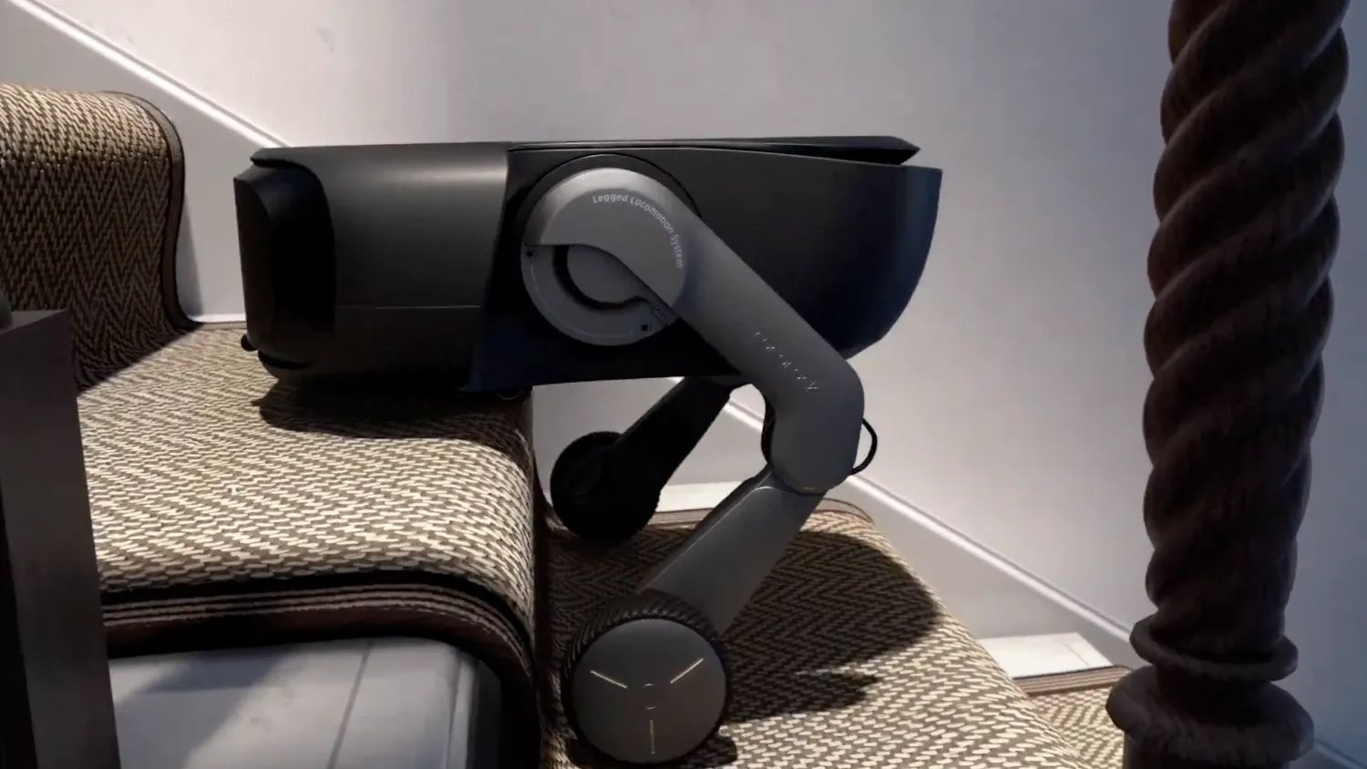 The Roborock Saros Rover climbing some carpeted stairs