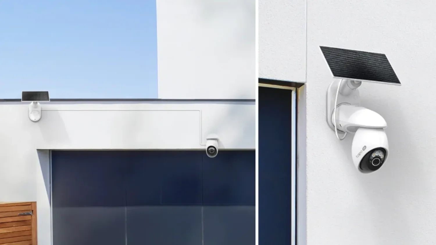 Pictures of the TP Link Tapo C660 KIT camera mounted with the solar panel on top of the camera, and away from the camera.