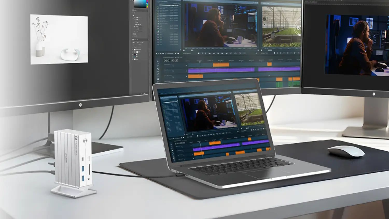 the DUF-E01 14-in-1 Thunderbolt 4 Docking Station on a desk with monitors and a laptop