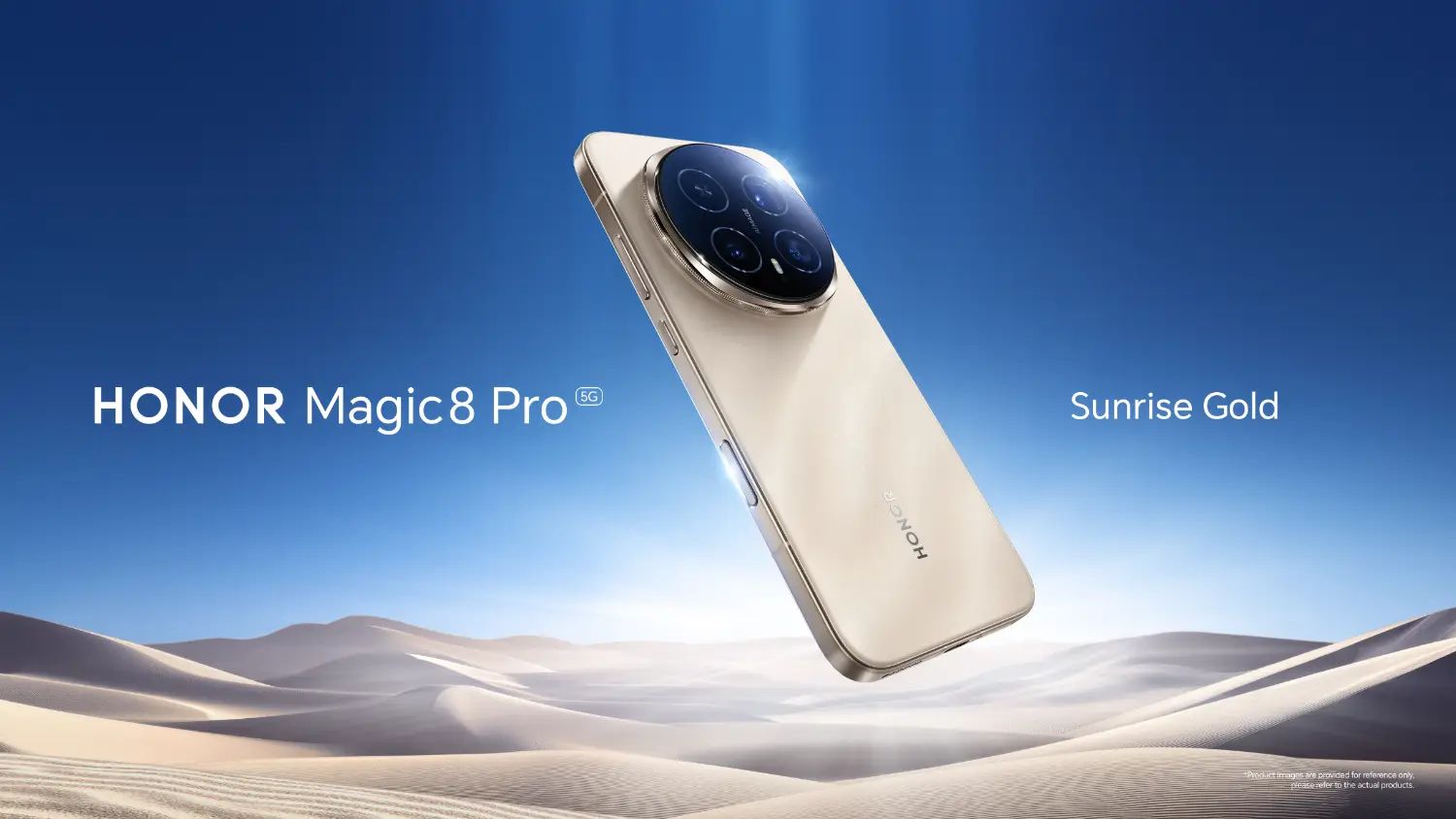 a stylised image of the honor magic 8 pro over a desert with a blue sky