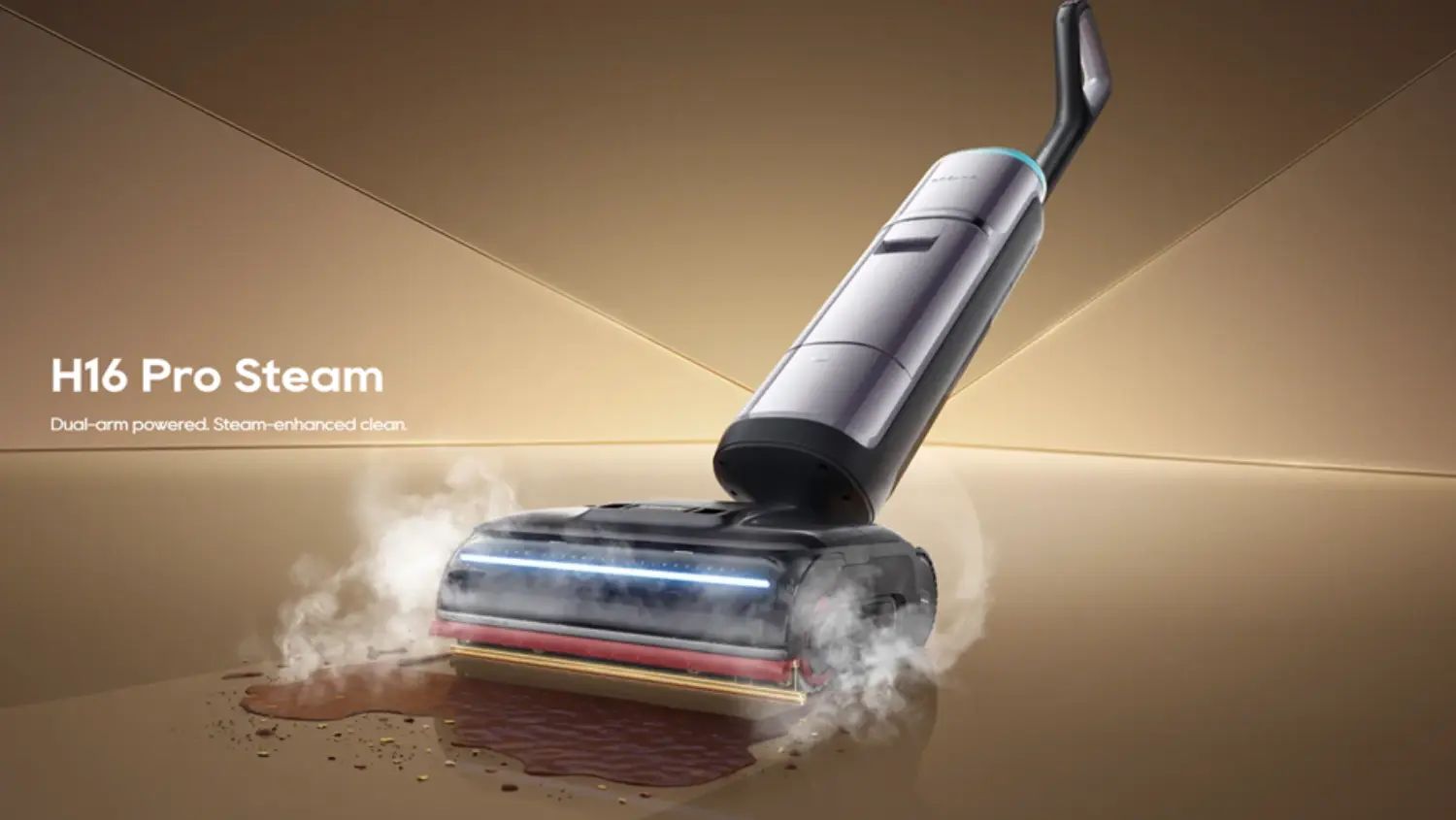 An image of the Dreame H16 Pro Steam cleaning a mess with steam rising from the sides