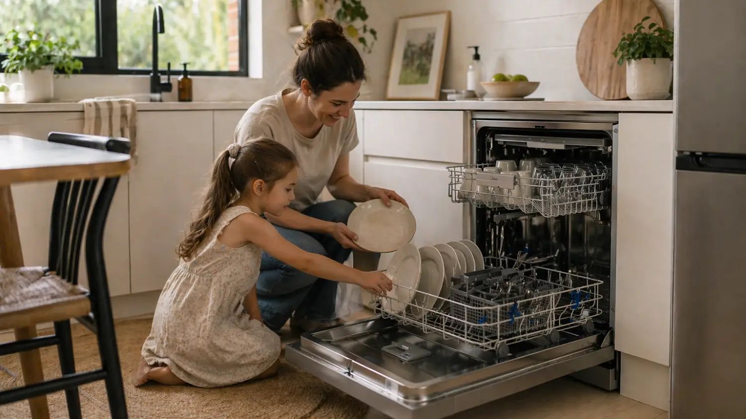 A mum and daughter stacking a midea dishwasher