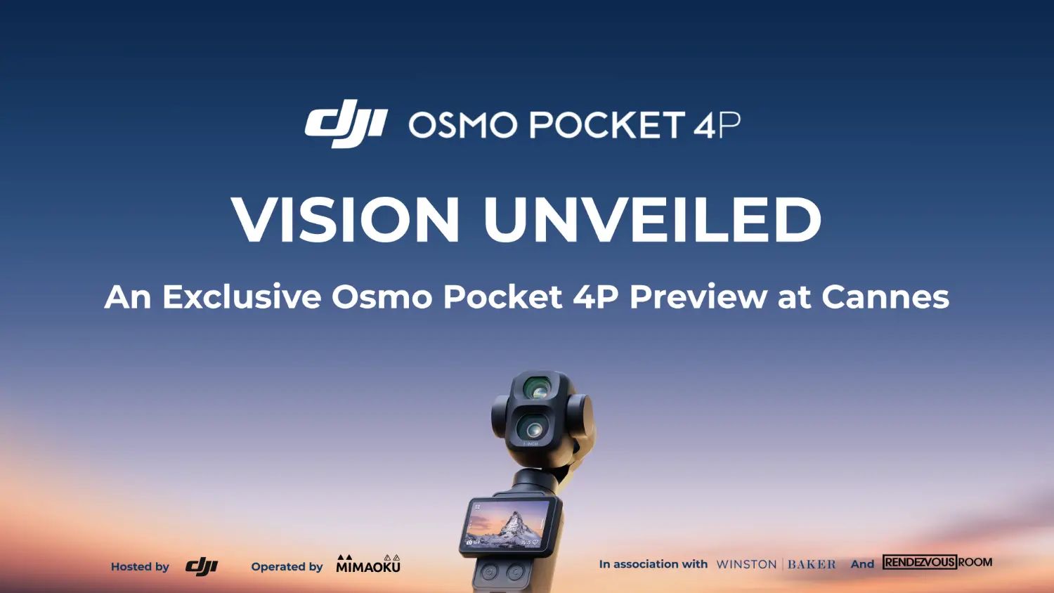 An image of the top of the Osmo Pocket 4P, with the headline "Vision Unveiled" and the sub head "An Exclusive Osmo Pocket 4P Preview at Cannes"
