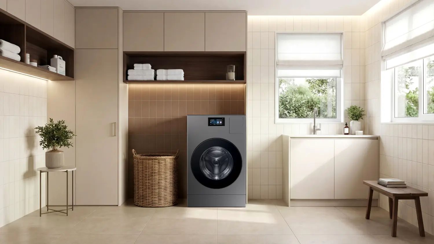 The Samsung Bespoke AI Washer Dryer combo in a laundry bigger than some houses.