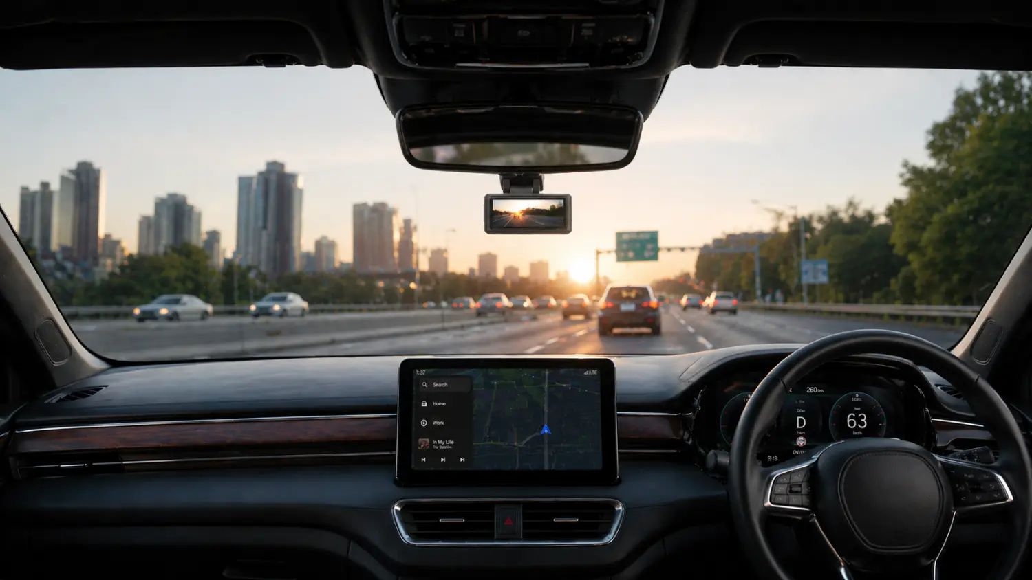 The Uniden iGO CAM 63R camera in a car windscreen on an Australian road recording the sunset in front of the car.