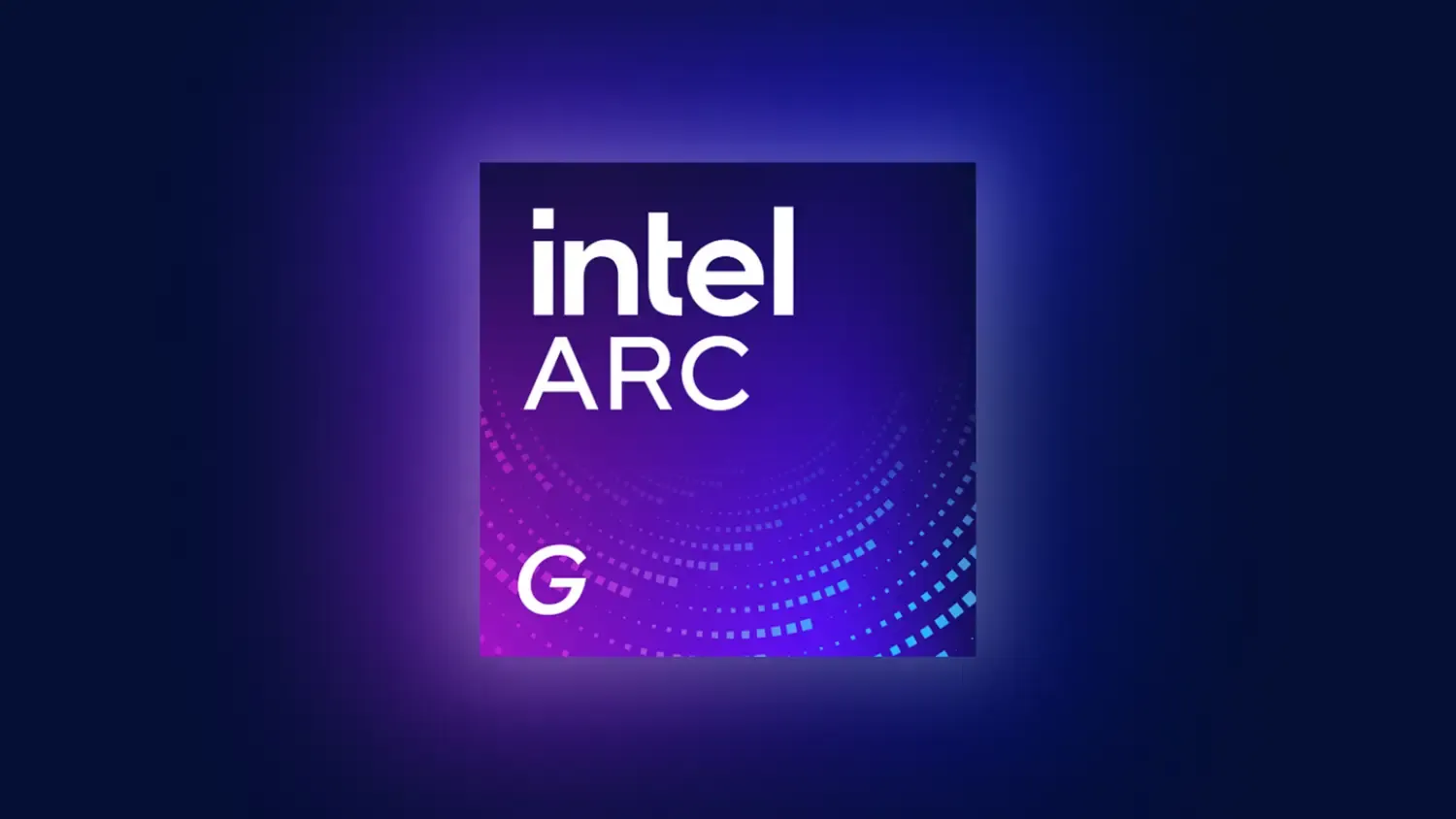 The intel arc g logo on a background looking like a cool chip.