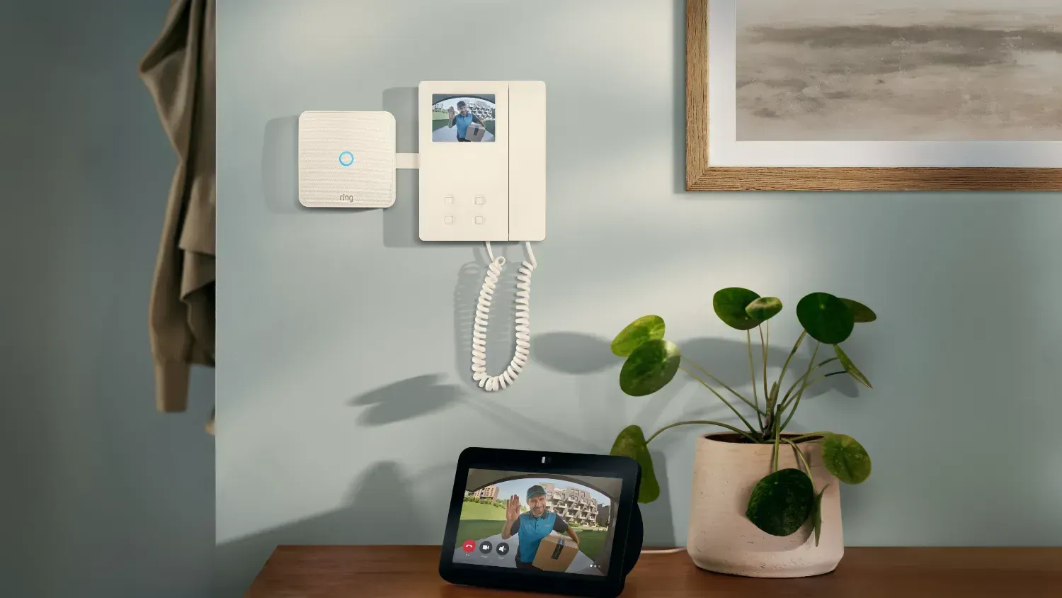 The Ring Intercom on the wall above an Echo Hub