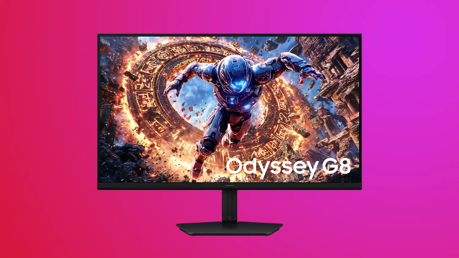 The Samsung Odyssey G8 on a gradient background.