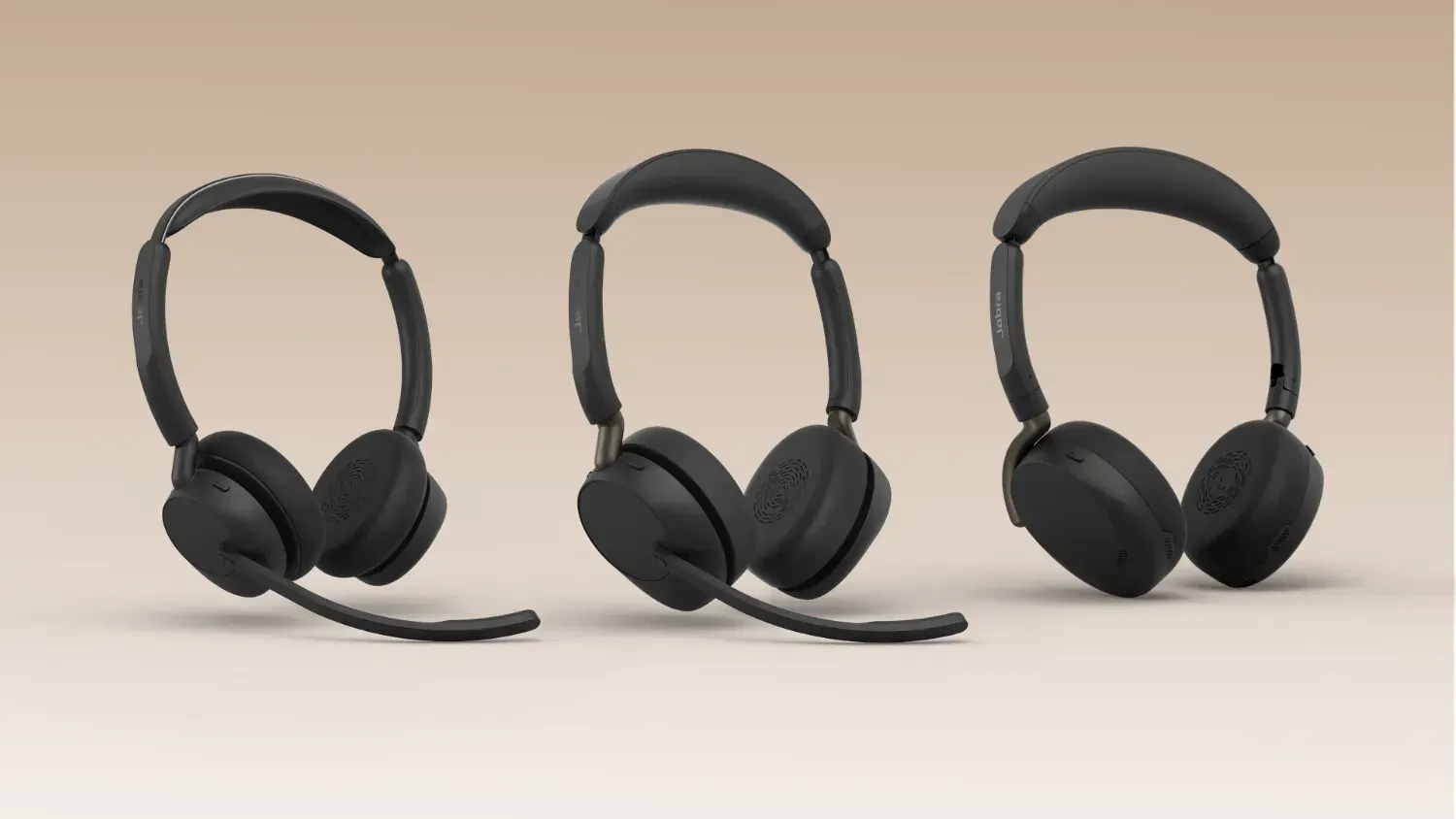 The three new Jabra Evolve3 headsets on a gradient background