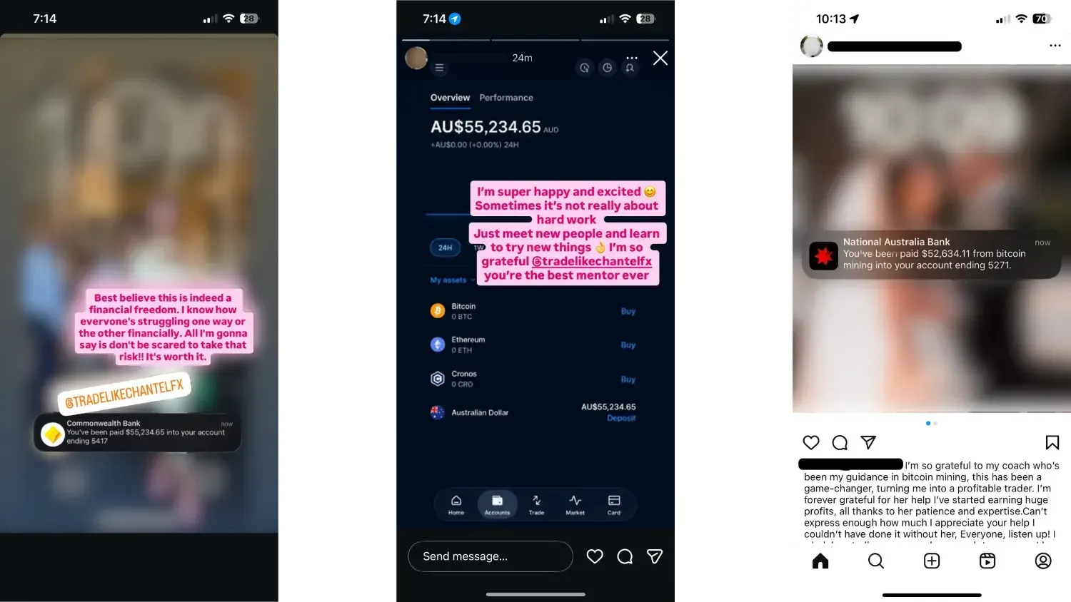 A trio of screenshots from Gen highlighting financial scams on social media